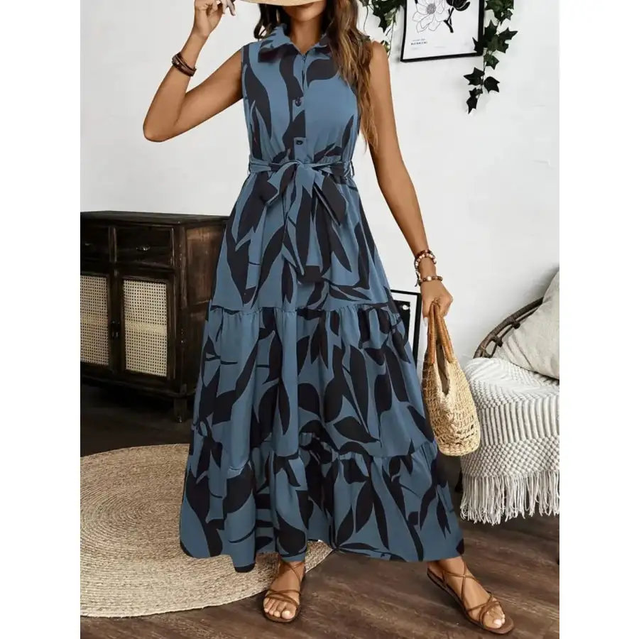 Printed Tie Waist Sleeveless Maxi Dress