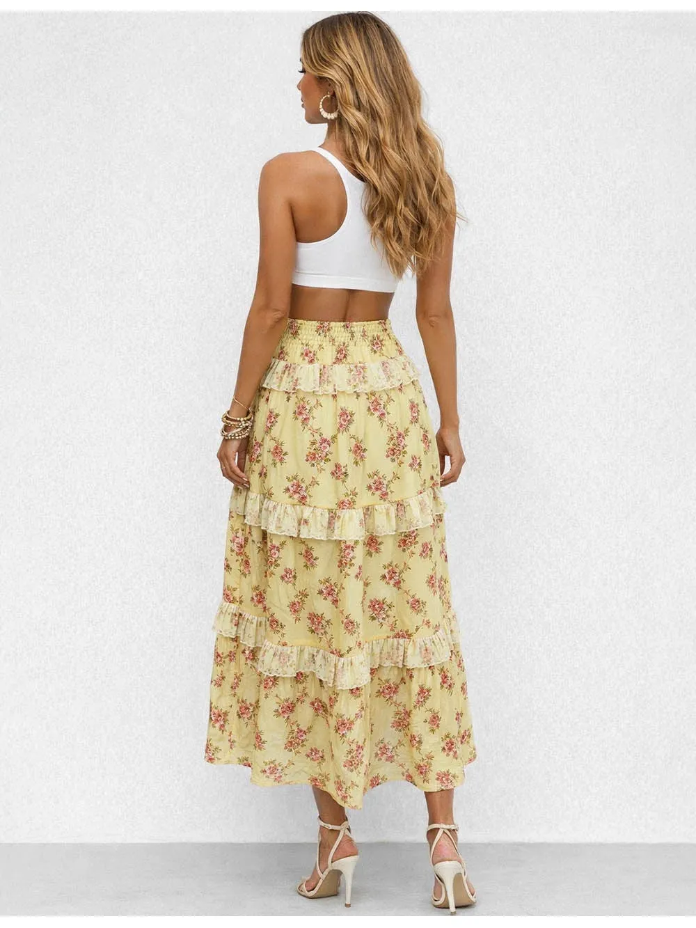 Smocked Waist Tiered Ruffle Midi Skirt