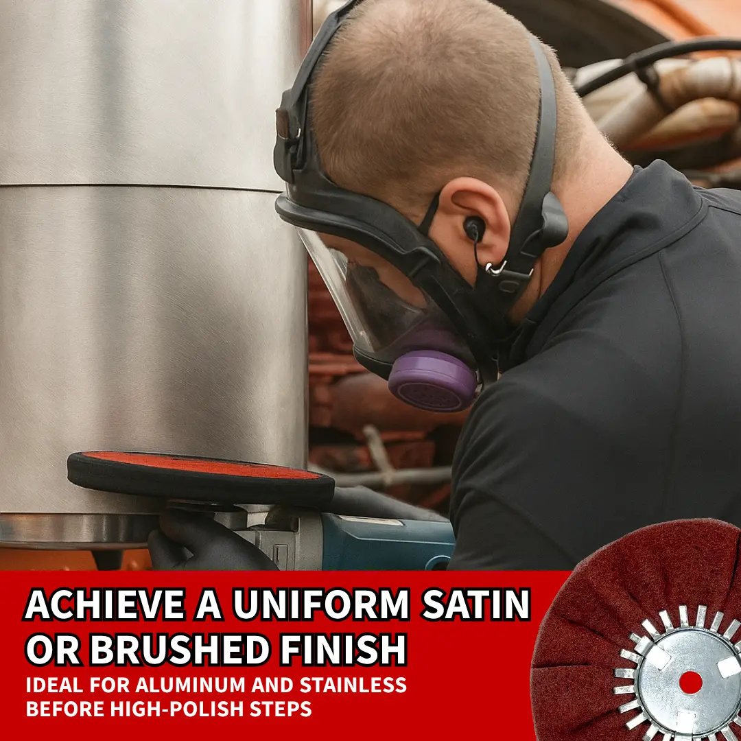 Satin airway wheel in use during metal surface preparation