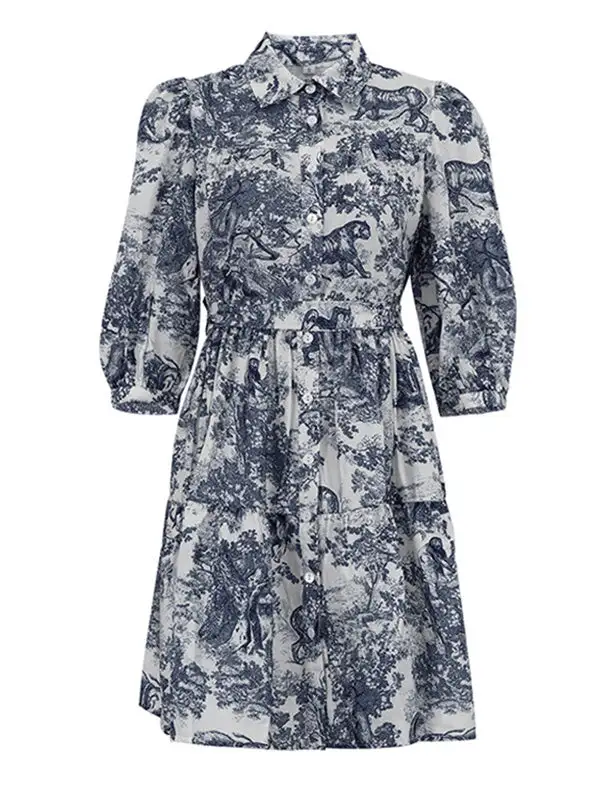 Relaxed Puff Sleeve Pleated Printed Split Joint Tied Waist Lapel Mini