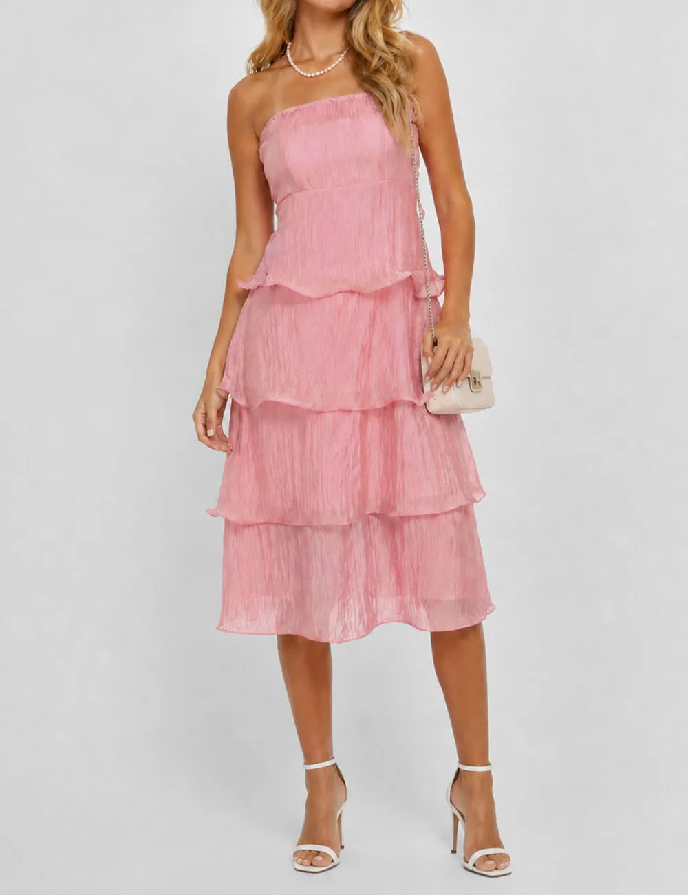 Chic Crinkle Strapless Tiered Ruffle Tube Midi Dress