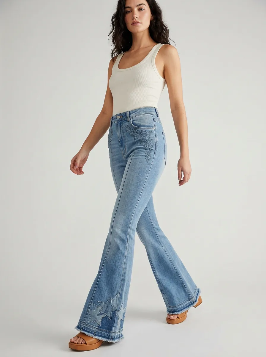 Women's Floral Embroidered Star Patch Print High Rise Flare Jeans