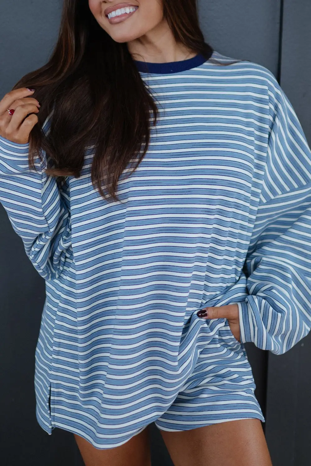Refined Pocketed Striped Two-Piece Top and Shorts Set