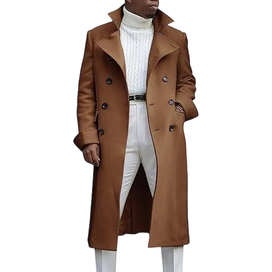 Men's Notch Lapel Double Breasted Long Trench Coat Casual Cotton Blend Peacoat