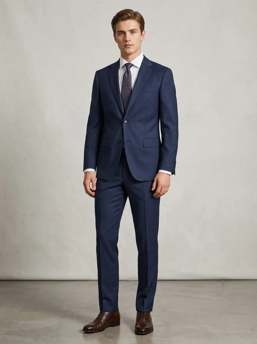 Men's Regular Fit Business Formal Navy Blue Solid Color Tailored Suit