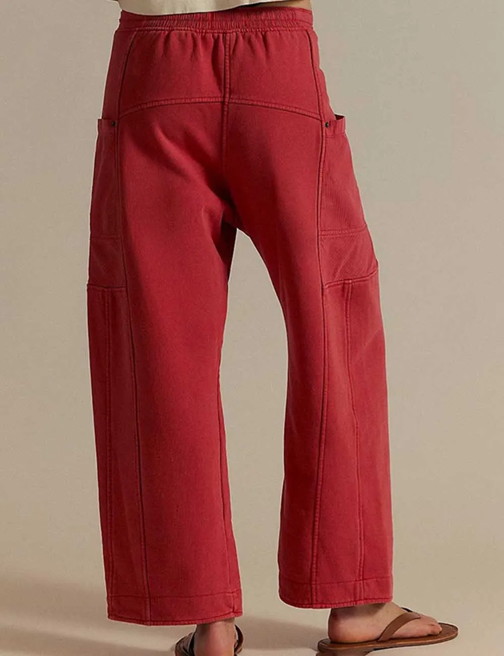 Elastic Waist Drawstring Pocket Straight Leg Denim Pants