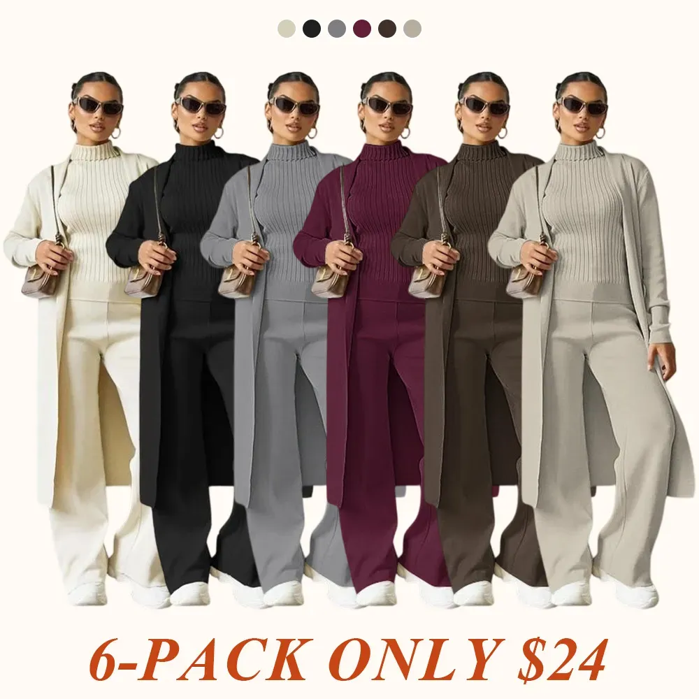 Trendy Knit Turtle Neck Tank & Wide Leg Trousers With Open-Front Long Cardigan Three-Piece Sets