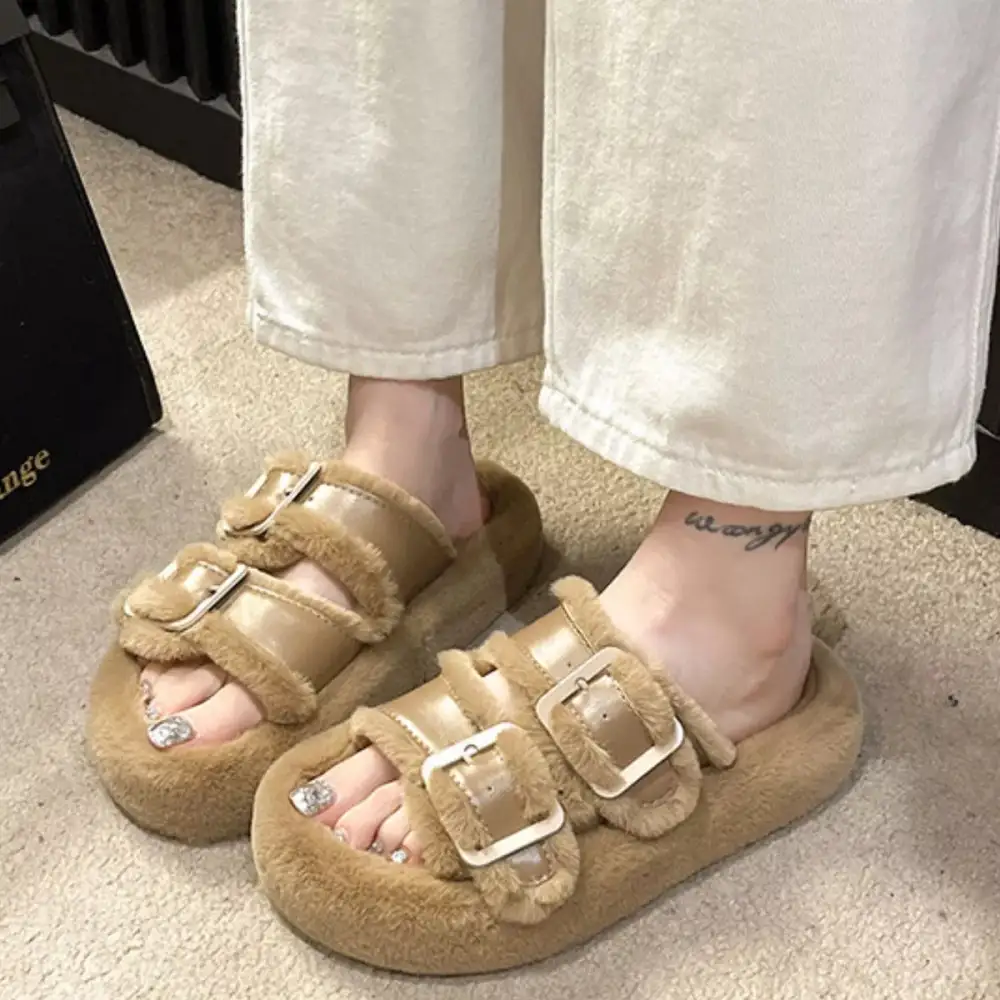 Fuzzy Buckle Detail Slippers