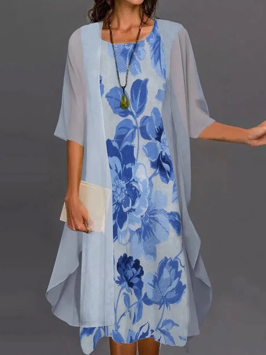 Round Neck Casual Loose Floral Print Suit Midi Dress