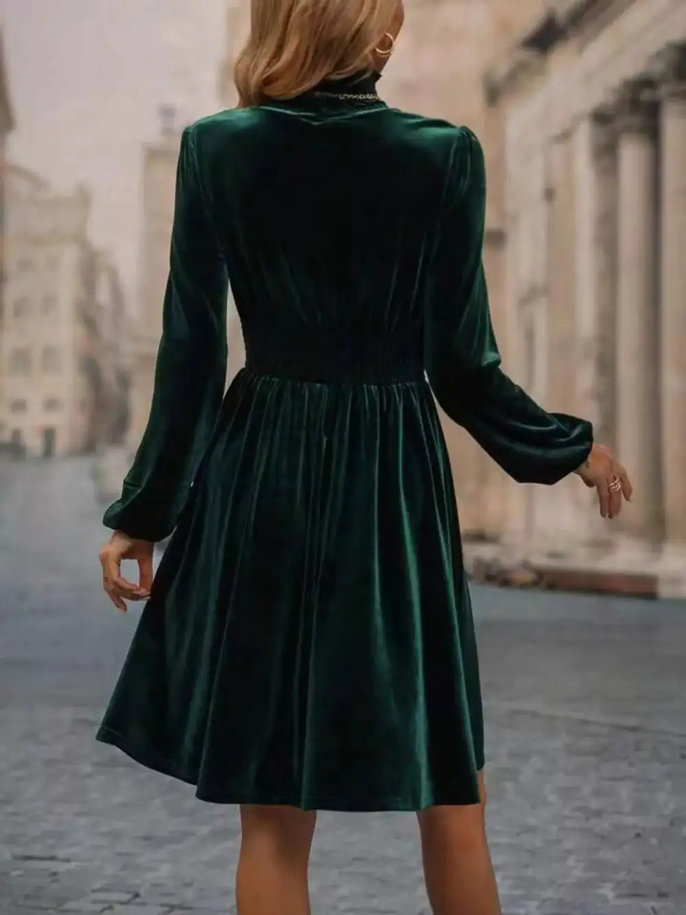 Velvet High Neck Long Sleeve Dress Casual