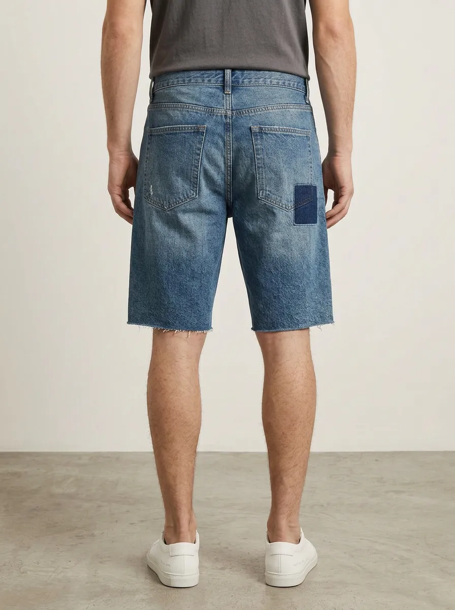 Mobility-Focused Patchwork Distressed Daily Wear Men's Distressed Raw Hem Denim Shorts