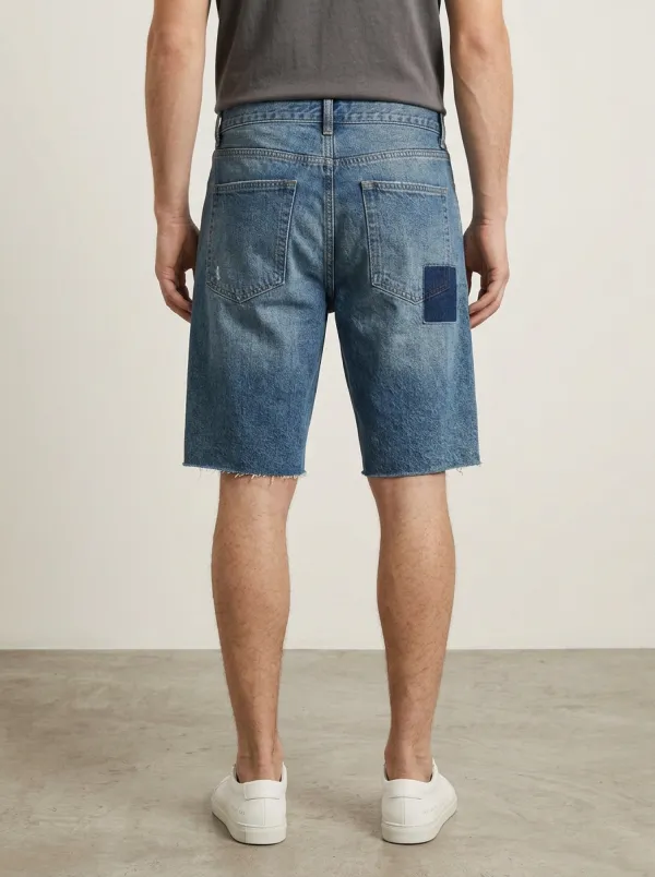 Mobility-Focused Patchwork Distressed Daily Wear Men's Distressed Raw Hem Denim Shorts