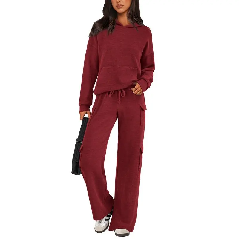 Womens Fall Outfit 2-Piece Knitted Sets Hoodie Tracksuits Wide Leg Pants With Pocket