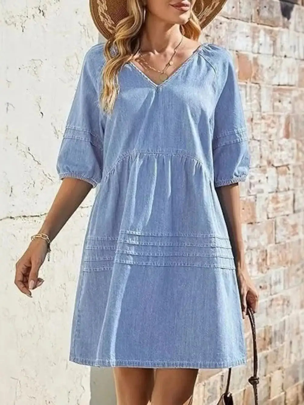 Denim V Neck Puff Sleeve Mini Dress