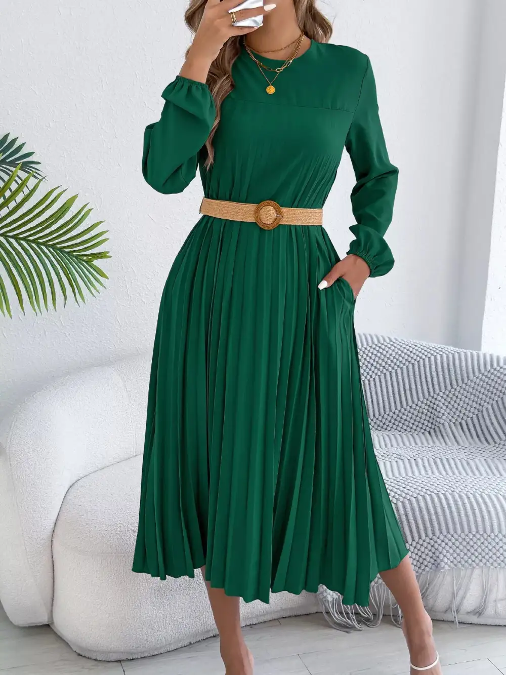 Pleated Pleated A-Line Midi Dress