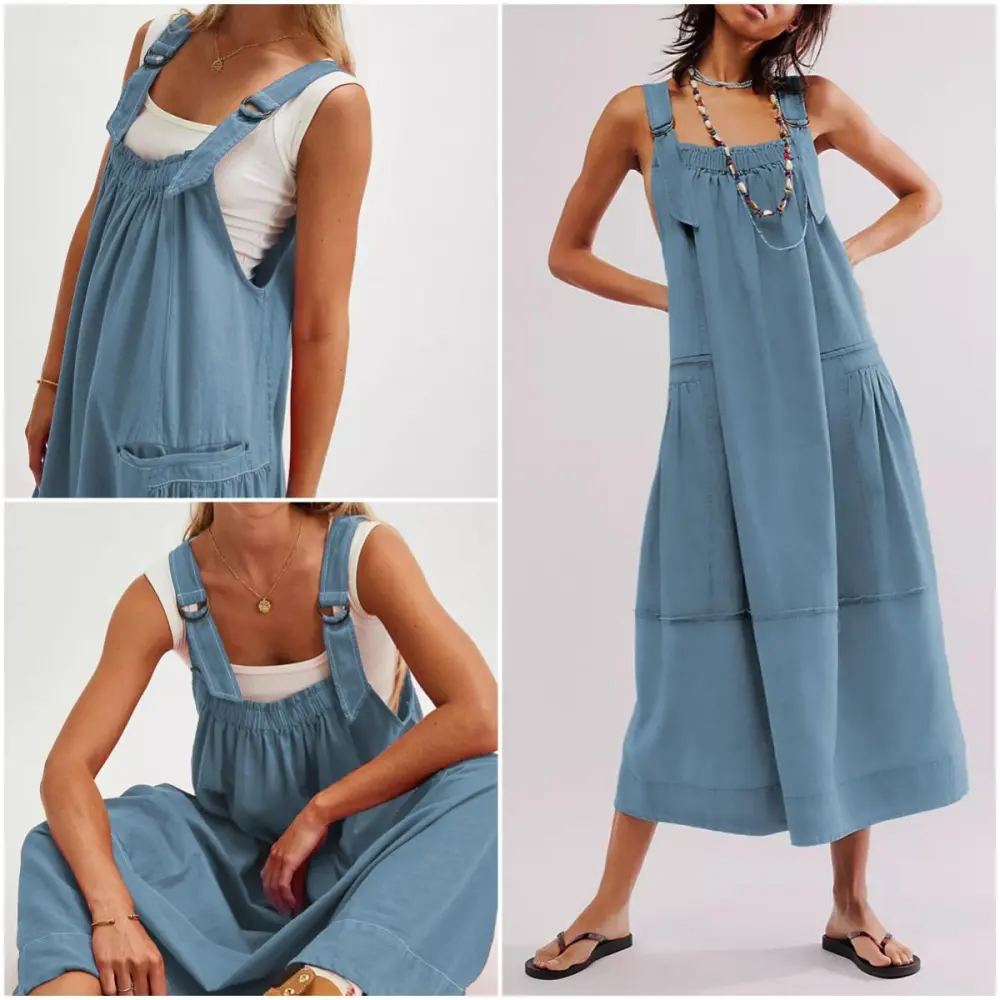 Women's Barrel Midi Dress Sleeveless Strappy Maxi Dress with Big Pockets & Adjustable Straps Minimalist Basic Casual Fall Dress