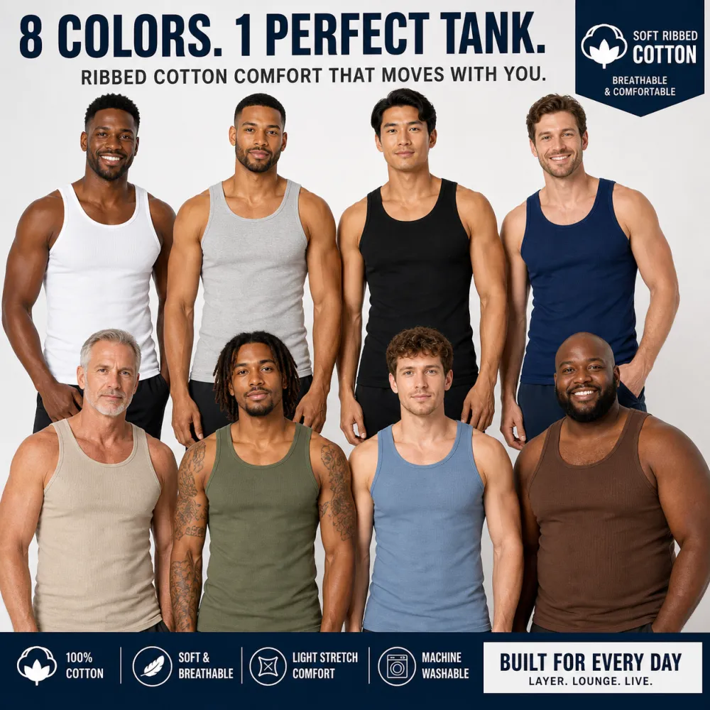 FINAL SALE⚡8 Packs for $24.99⚡Value Bundle Men's Ribbed Cotton Tank Undershirts, Breathable Sleeveless Base-Layer Vests