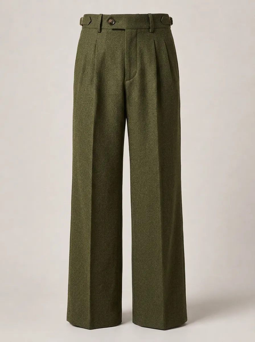 Men's Vintage Style Olive Green Pleated Wool Trousers