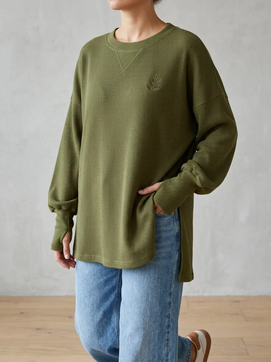 Women's Olive Leaf Embroidered Waffle Knit Long Sleeve Top