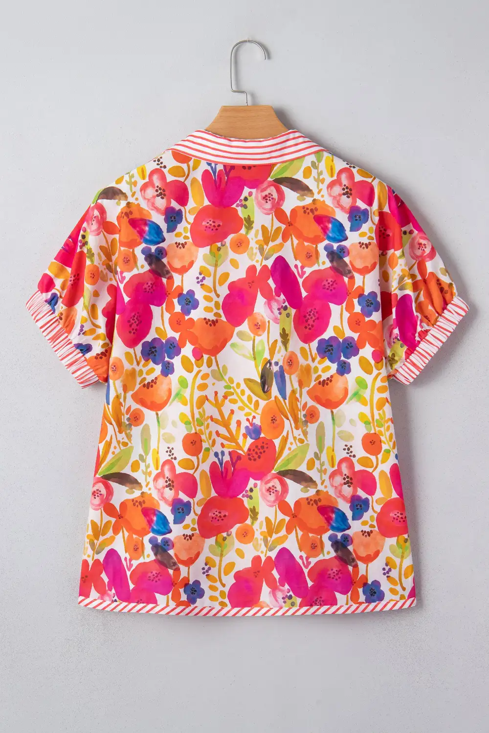 Rose Striped Trim Collared V Neck Short Sleeve Floral Print Blouse