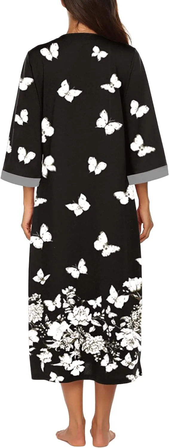 50% OFF Women Zipper Robe 3/4 Sleeves Loungewear Dress Full Length Sleepwear Pockets Housecoat Nightgown Long Bathrobe