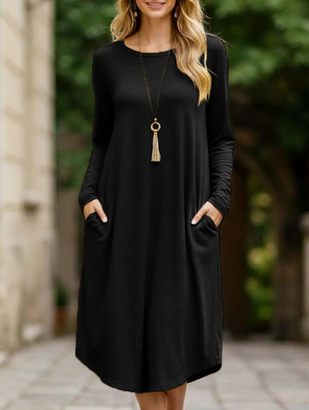 Midi-Length Round Neck Long-Sleeved Dress