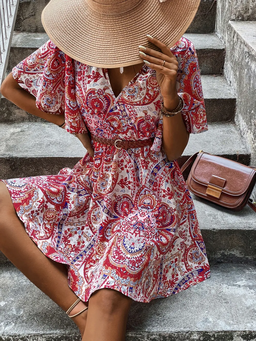 Plus Size Allover Paisley Print Tie Back Butterfly Sleeve Dress Without Belt