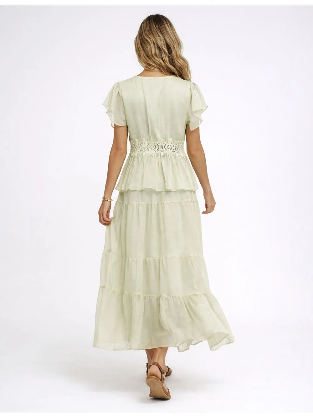 Lace Panel Button Front V Neck and Tiered Hem Midi Skirt Set