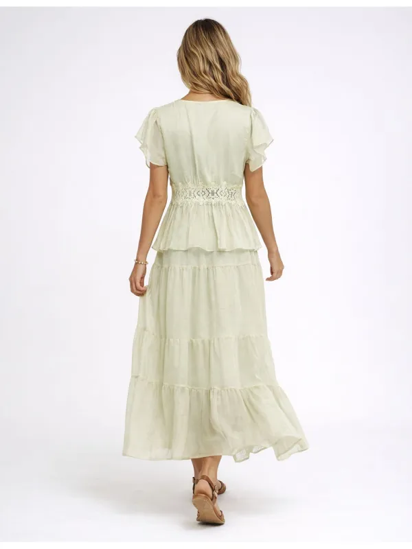 Lace Panel Button Front V Neck and Tiered Hem Midi Skirt Set