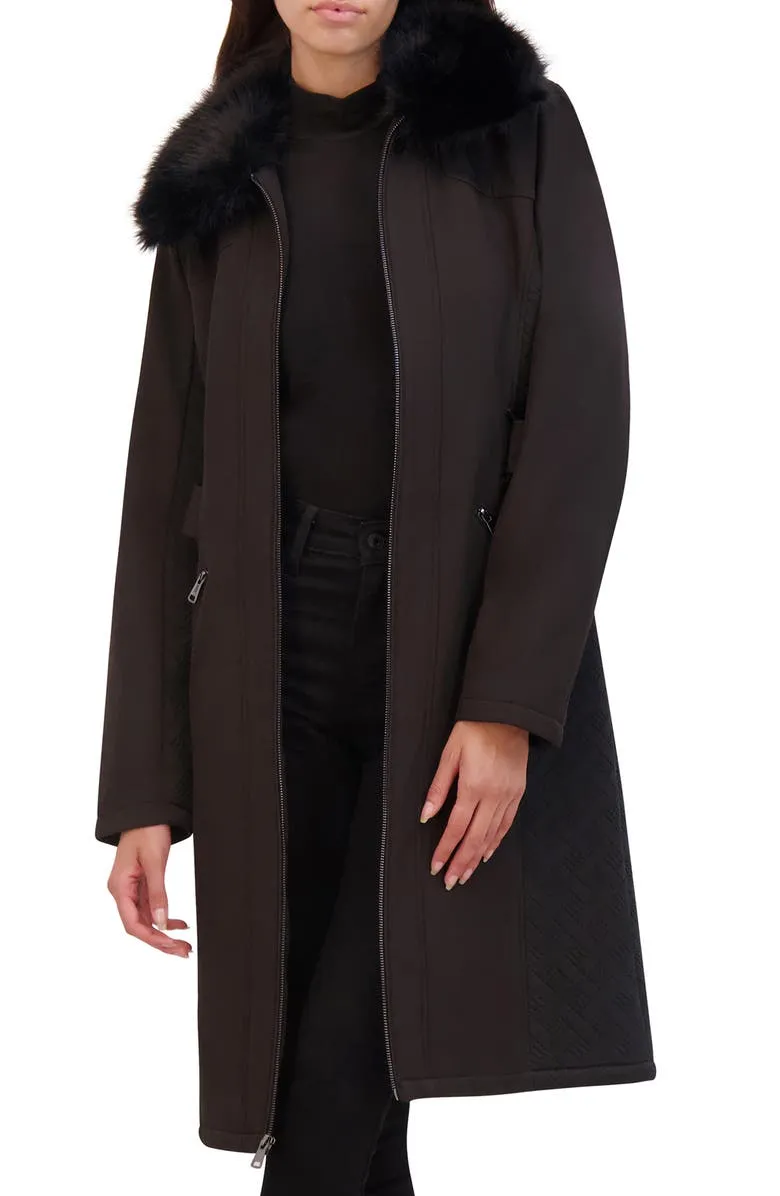 Belted Softshell Longline Coat with Faux Fur Trim