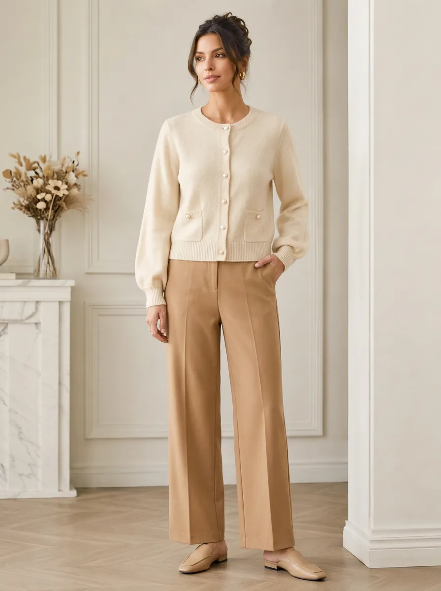 Women's Elegant Cream Pearl Button Knitted Cardigan