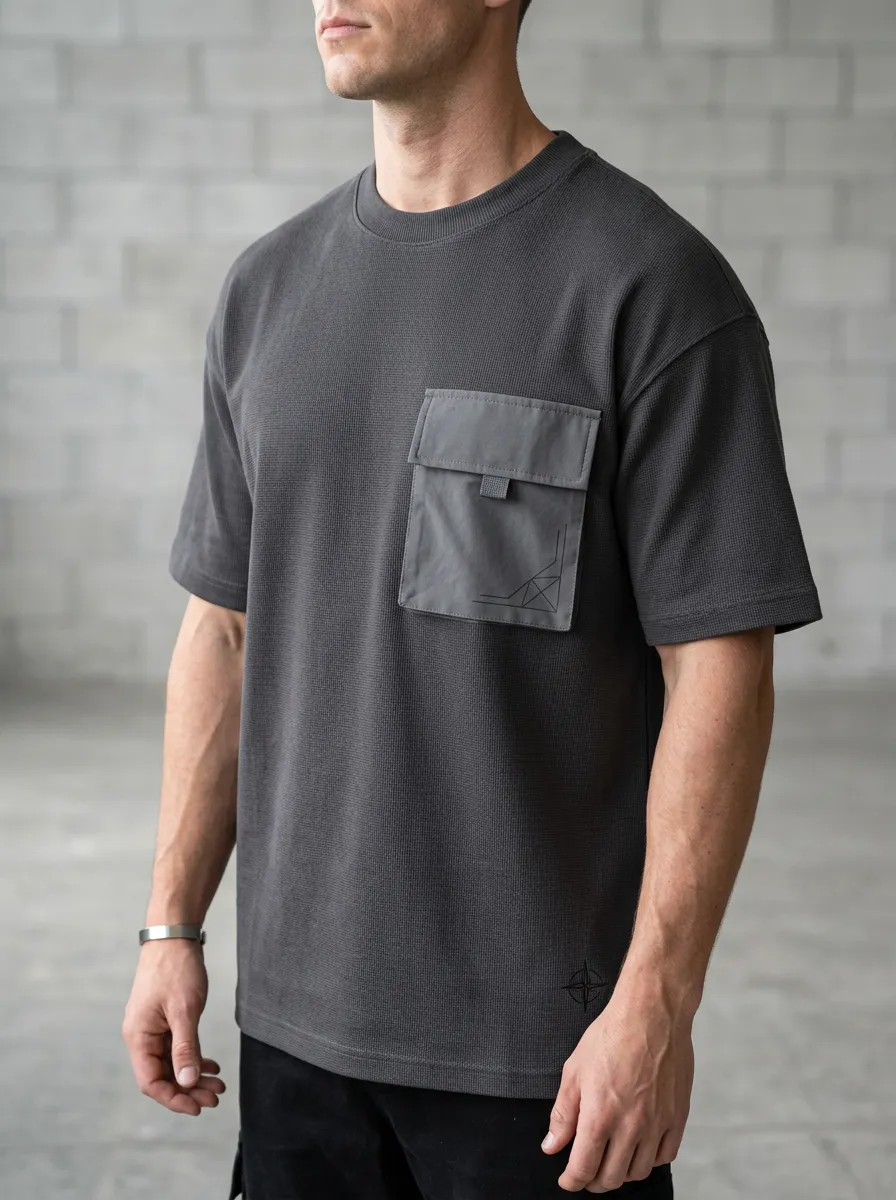 Practical Waffle Texture Geometric Casual Look Men's Cargo Pocket T-Shirt