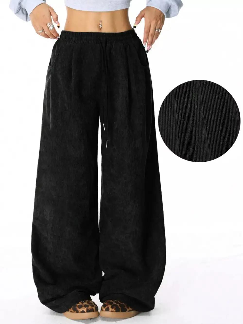 Wide Leg Corduroy Drawstring Pocketed Pants