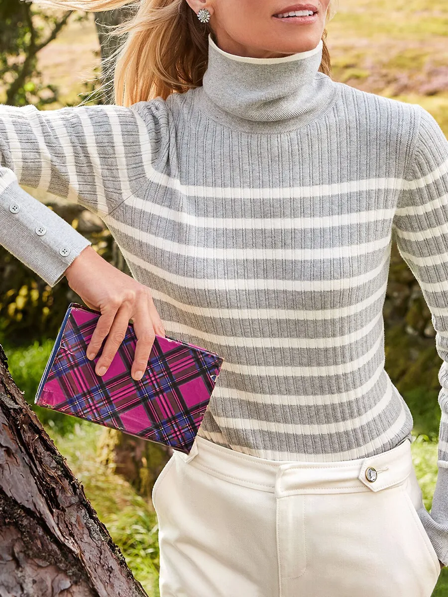 Women'S Stylish Striped Ribbed High Neck Knitted Sweater
