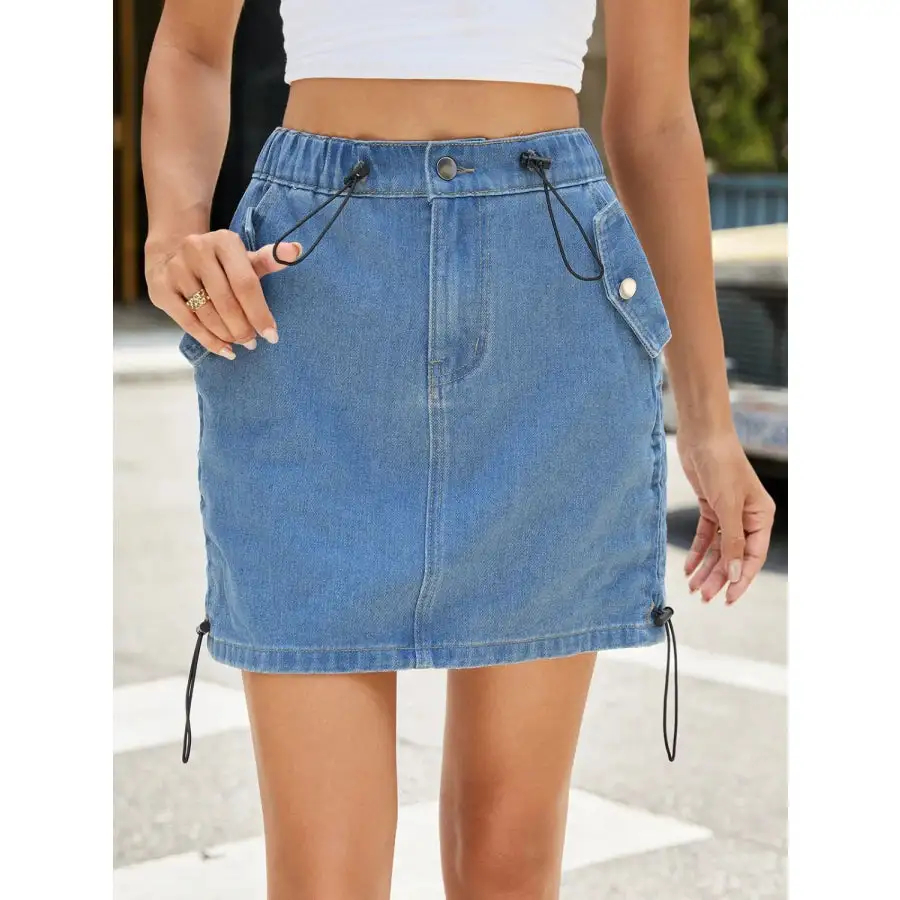 Drawstring Denim Mini Skirt