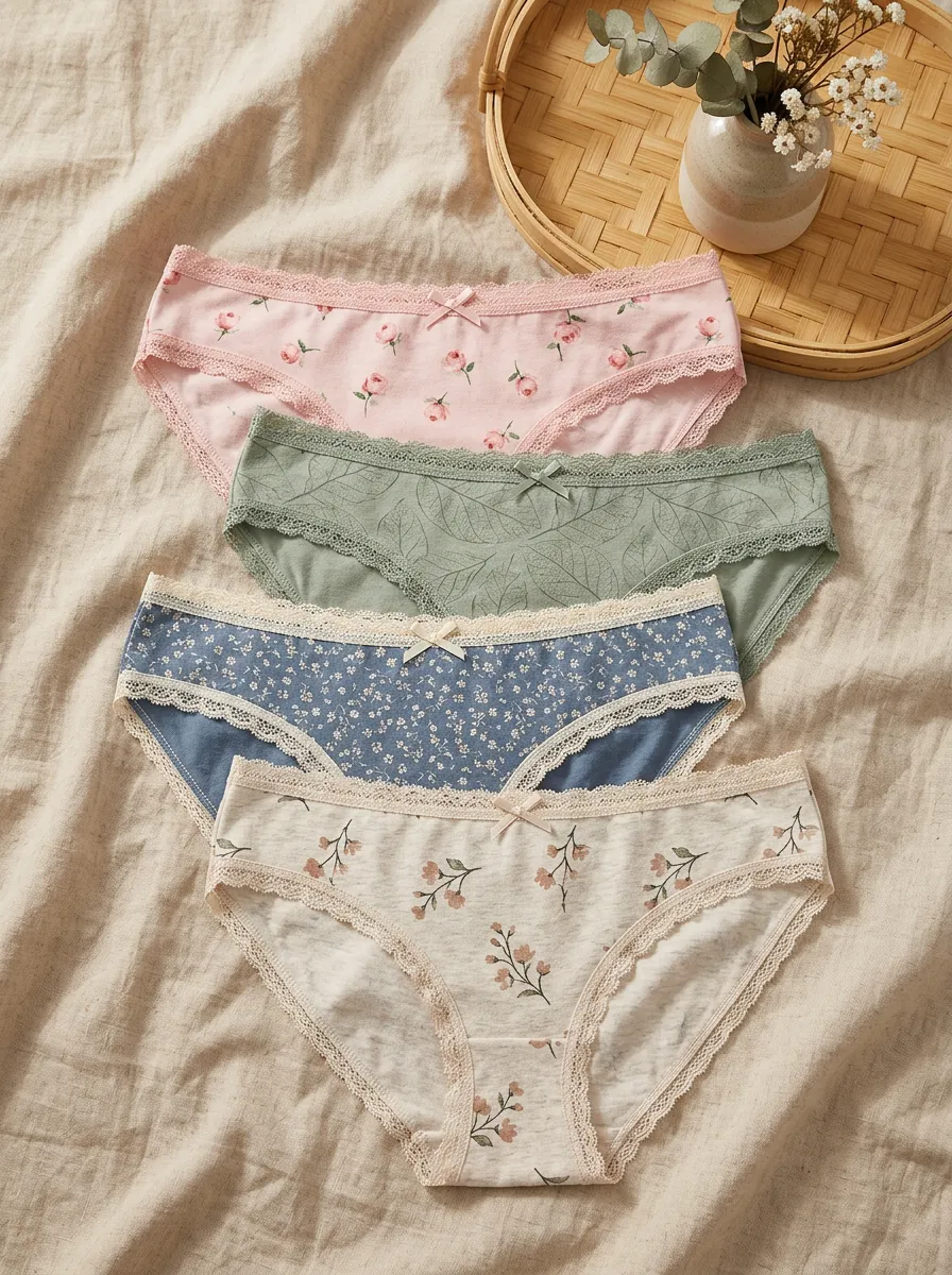 Women's Lace Trim Floral Leaf Pattern Printed 4-Pack Panty Set