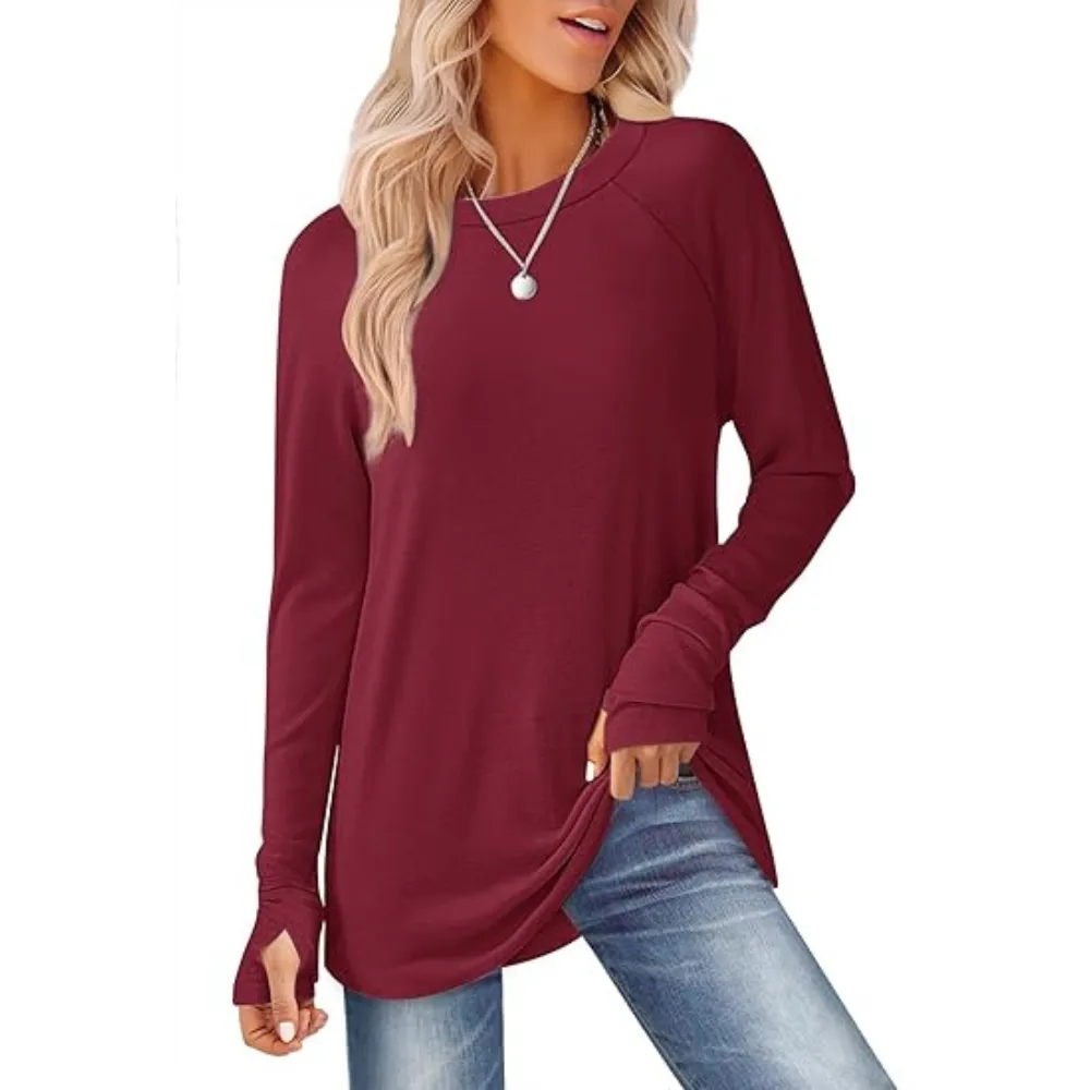 Womens Tunic Tops to Wear with Leggings Long Sleeve Thumb Hole Shirts Crew Neck Curved Hem