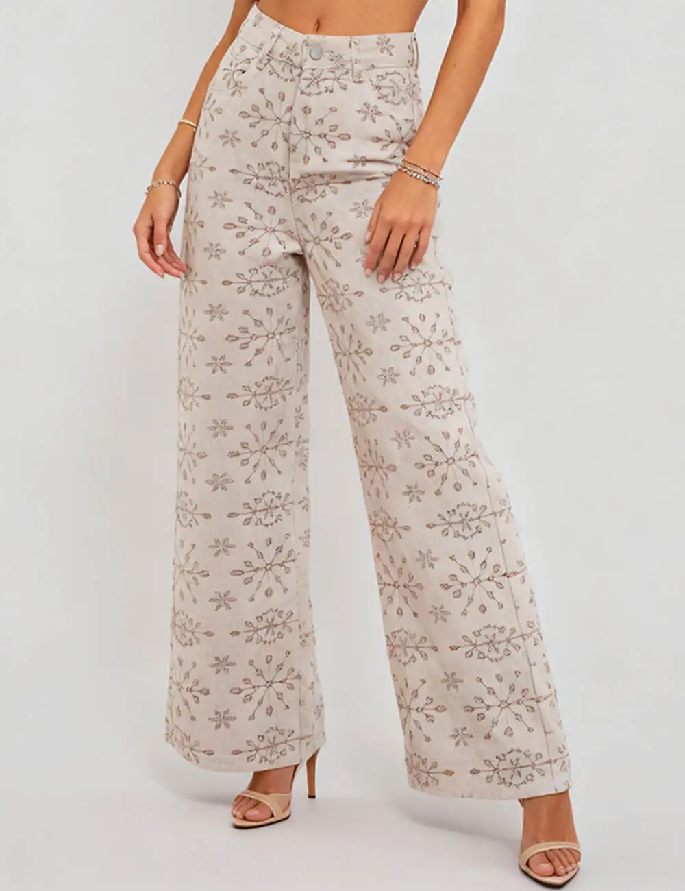 Geometric Jacquard Button Front Wide Leg Denim Pants