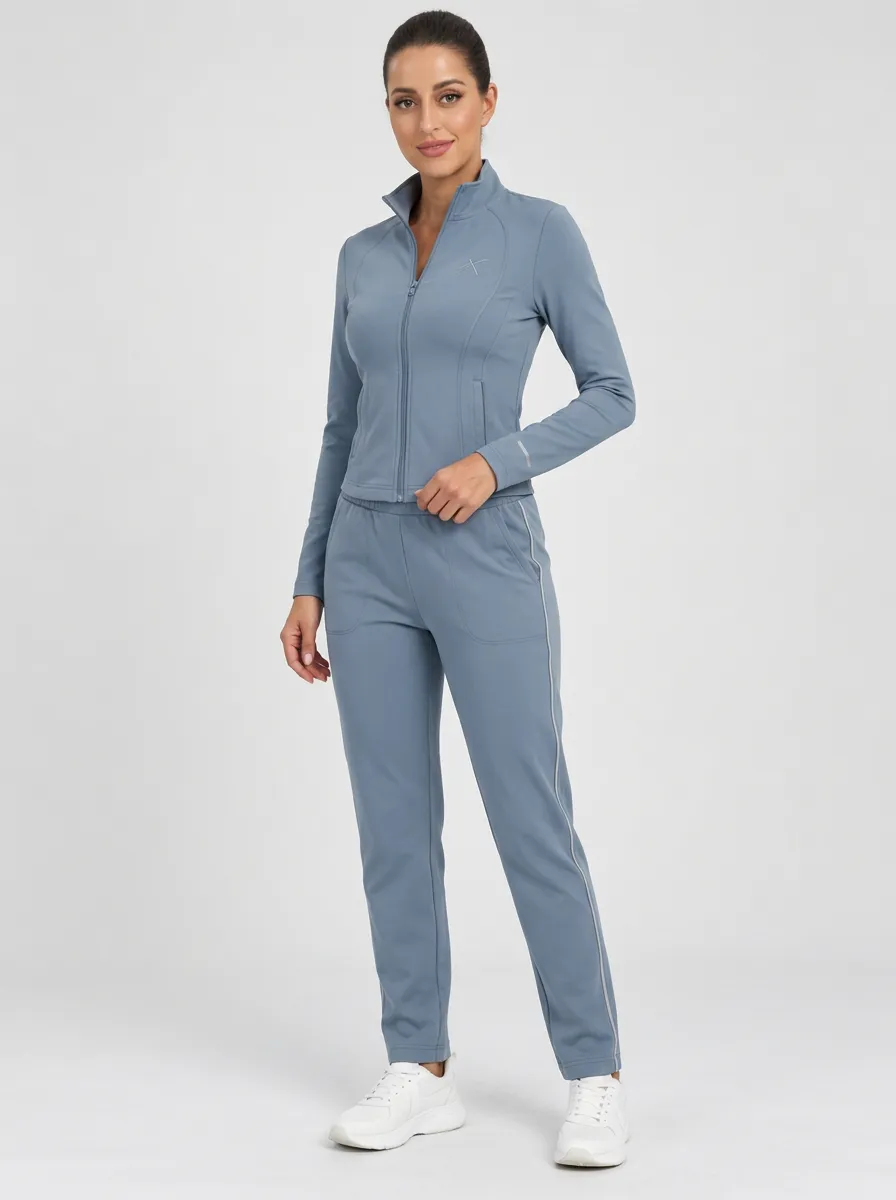 Women's Dusty Blue Piping Zip-Up Jacket & Jogger Set