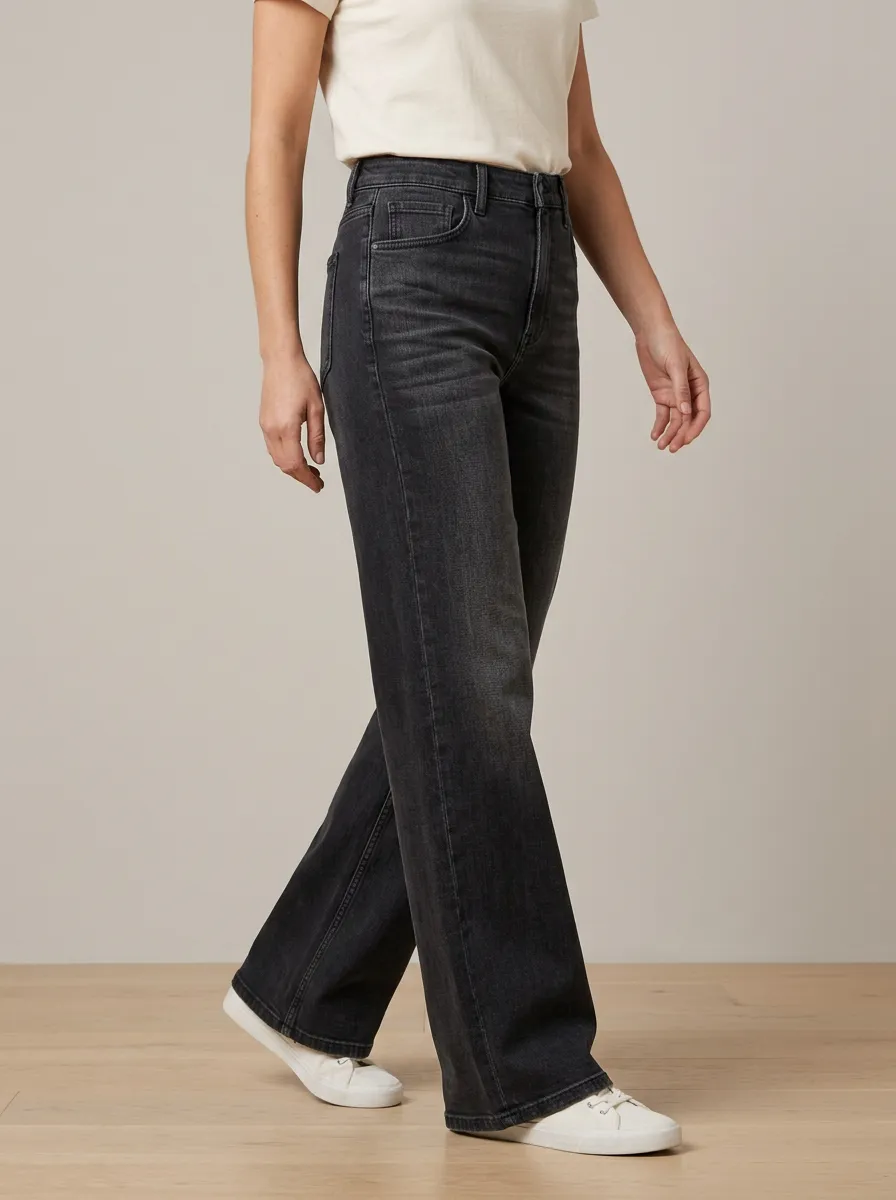 Versatile High-Rise Wide-Leg Washed Denim Jeans