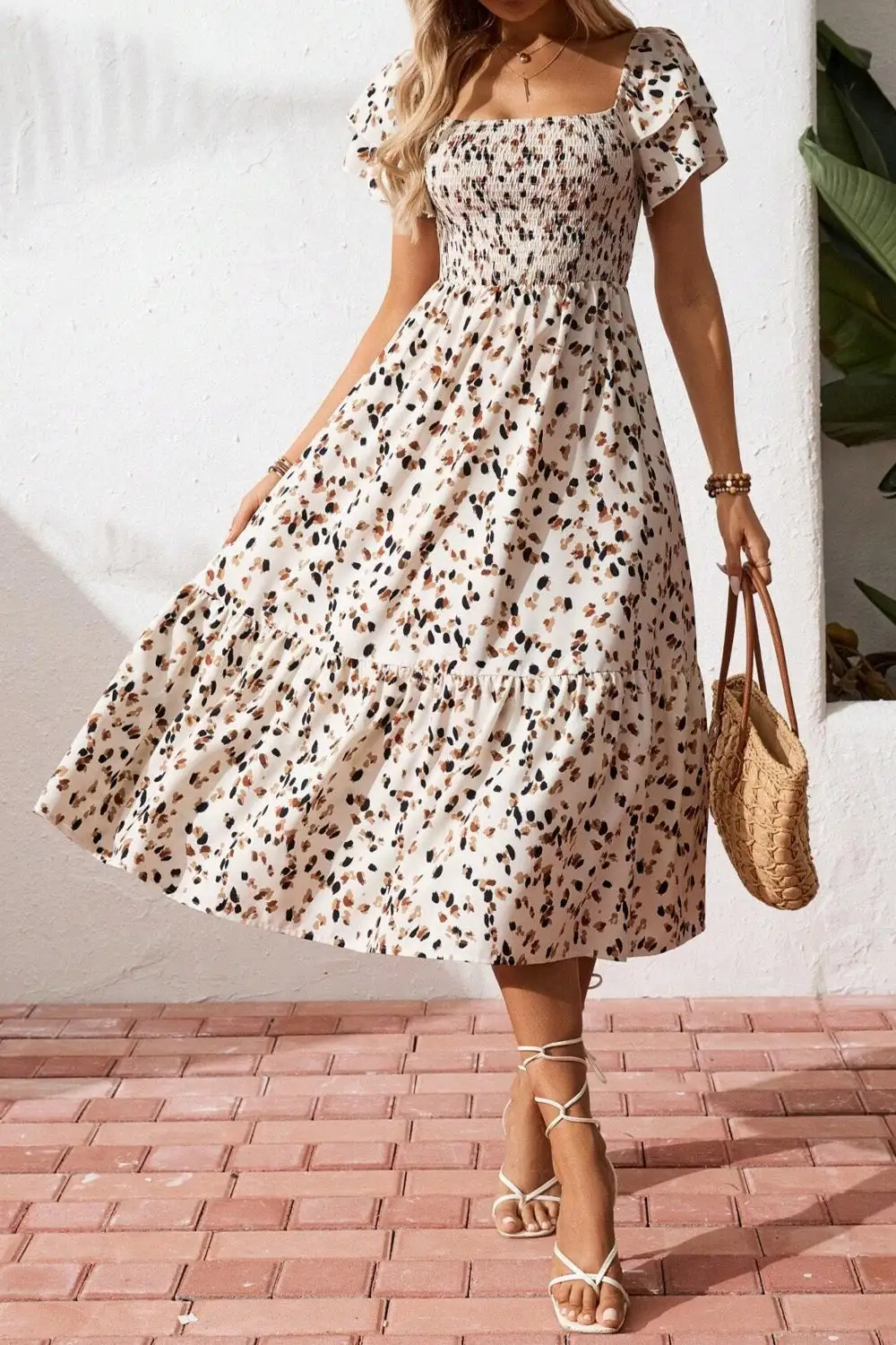 Square Neck Ruffle Midi Dress