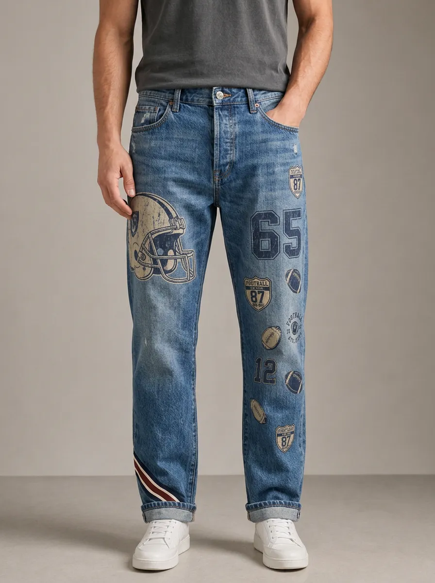 Men's Blue Graphic Print Straight-Leg Jeans