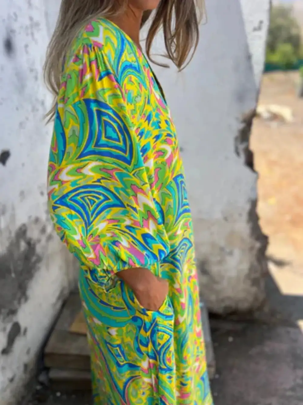 V-Neck Printed Midi Dress