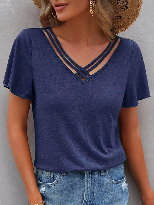 Relaxed Curve Fit Cutout Panel Detail V-Neck Polyester T-Shirt
