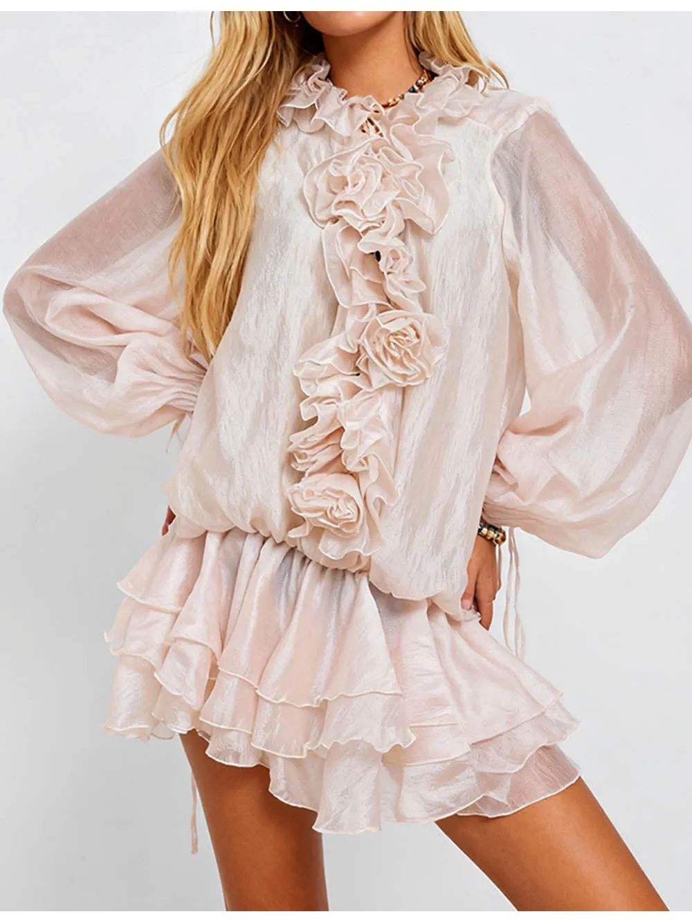 Ruffle Neck Sheer Chiffon Tiered Mini Dress