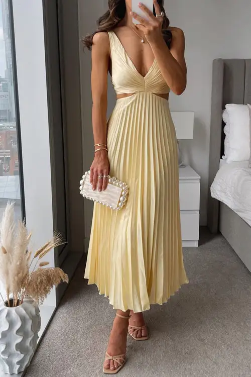 Pleated V Neck Midi Dress