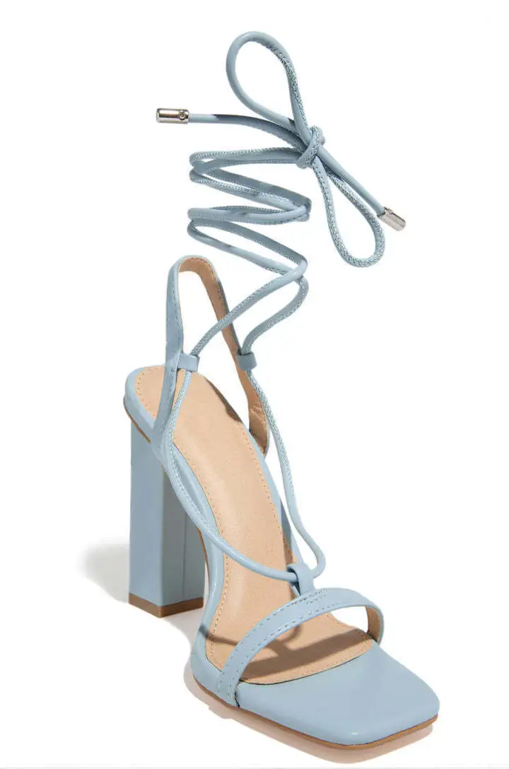 Square Toe Lace Up Crystal Detail Strappy High Heels