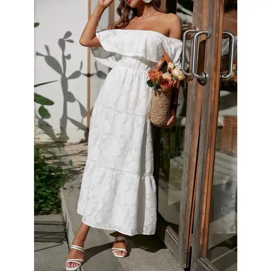 Ruched Off Shoulder Short Sleeve Midi Dress