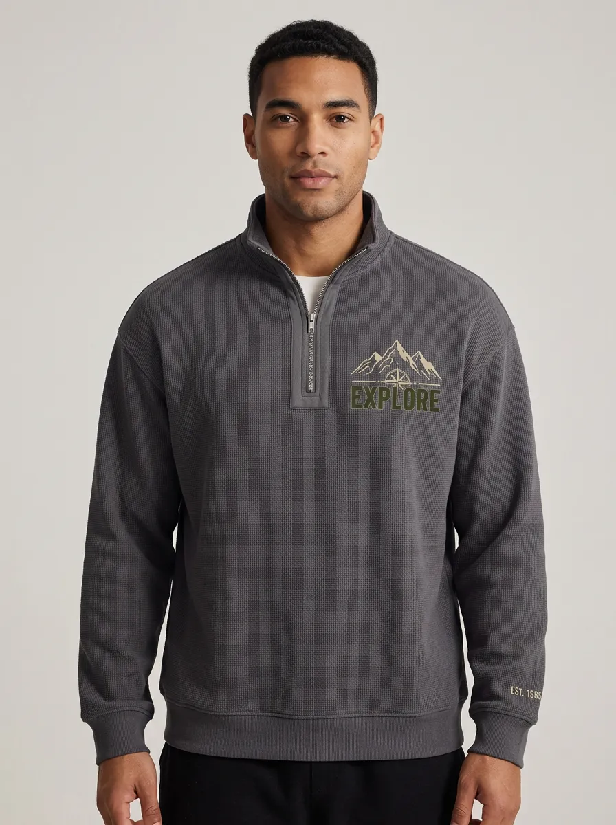 Men's Explore Mountain Compass Waffle Knit Quarter Zip Sweatshirt