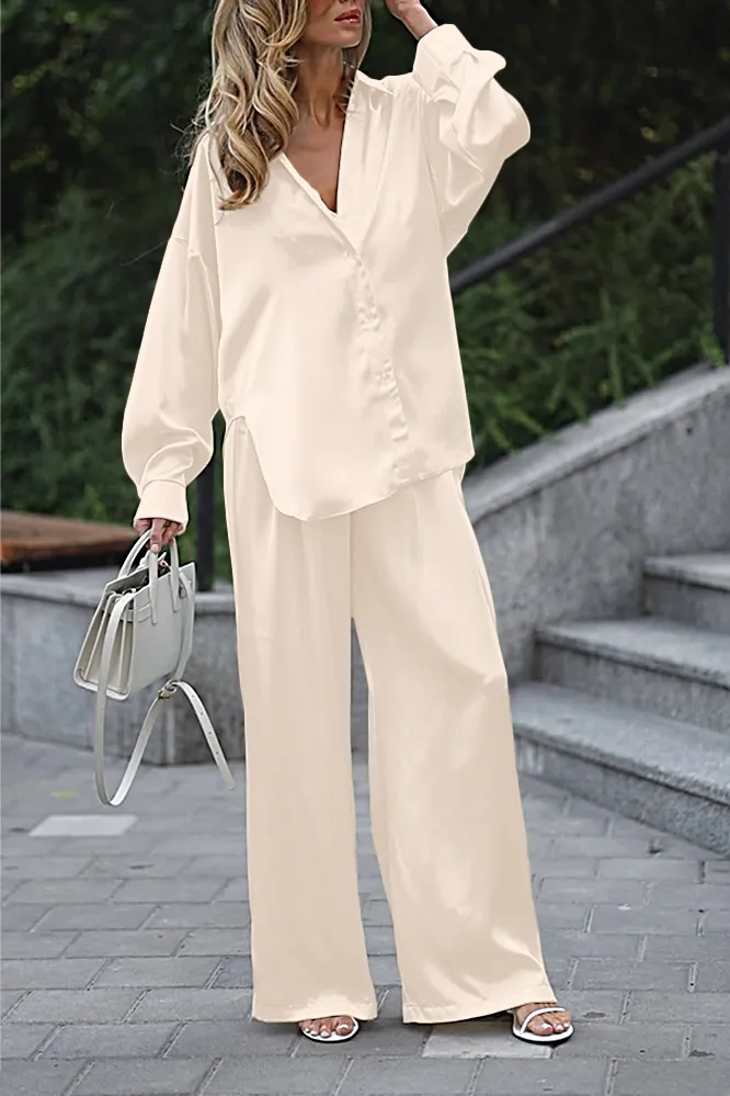 8PACK-Solid Color Silk Fabric Tank Top and Shirt and Pants Three Piece Set